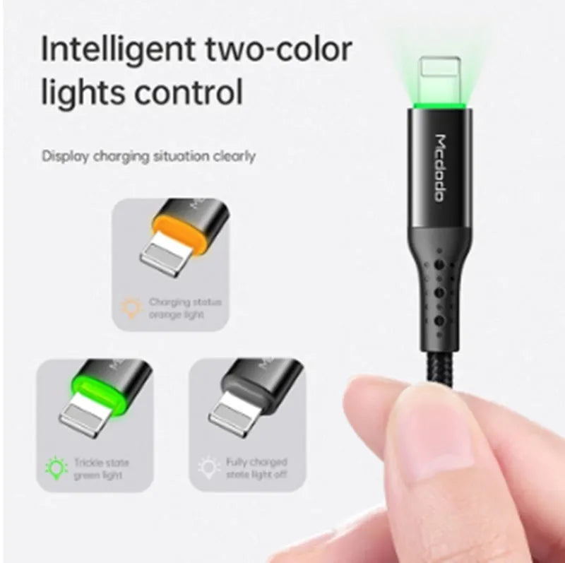 Black Apple iPhone charging cable with LED light showing smart power-off technology