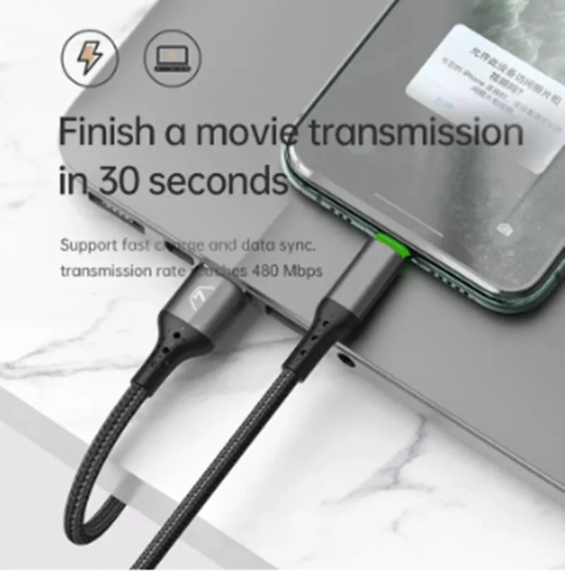 Black Apple iPhone charging cable with LED light showing smart power-off technology