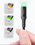 Black Apple iPhone charging cable with LED light showing smart power-off technology
