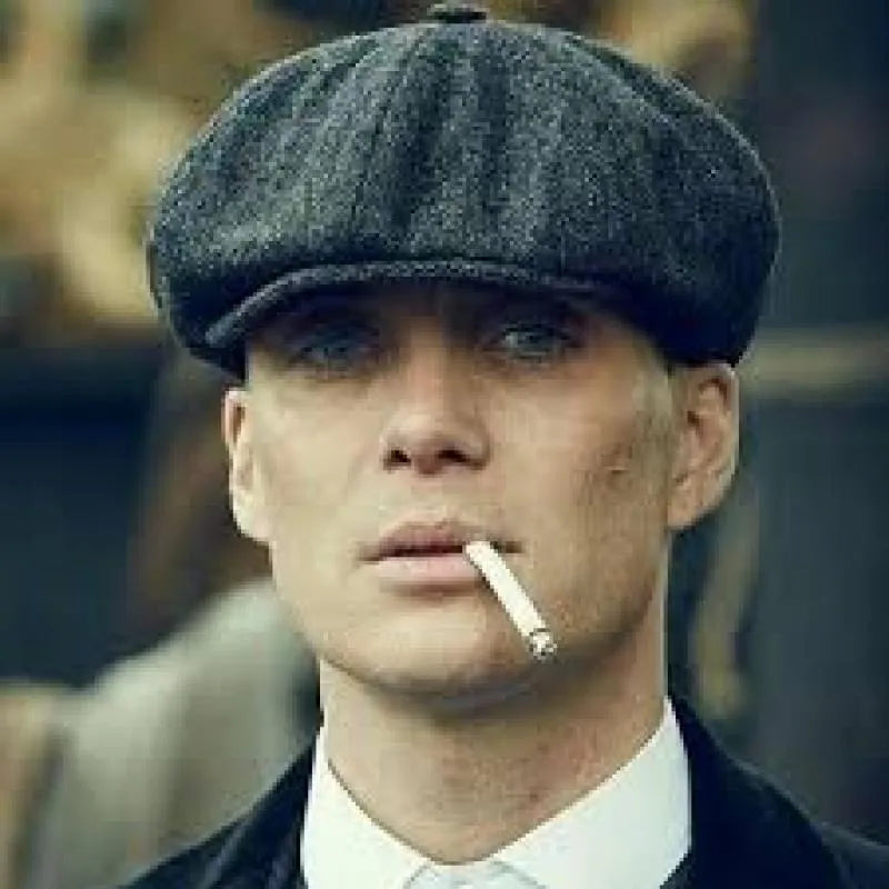 Polyester newsboy cap with herringbone plaid pattern in grey colour for men and women