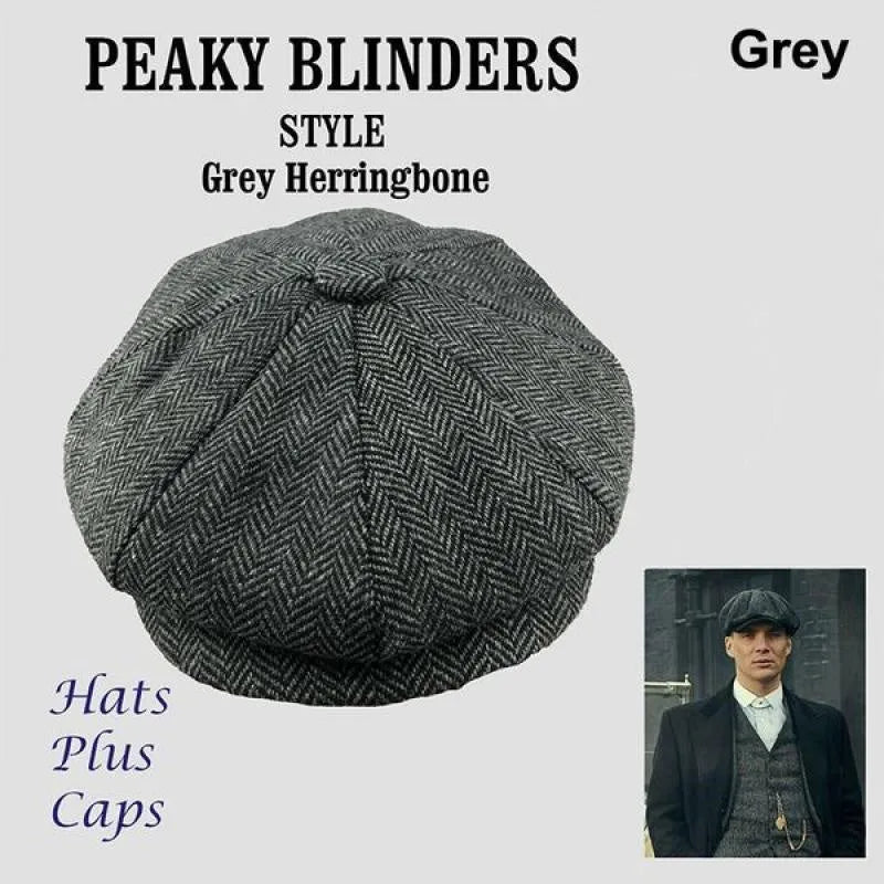 Polyester newsboy cap with herringbone plaid pattern in grey colour for men and women