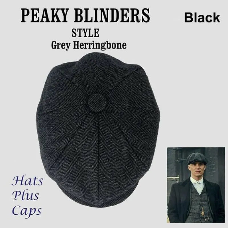Polyester newsboy cap with herringbone plaid pattern in grey colour for men and women