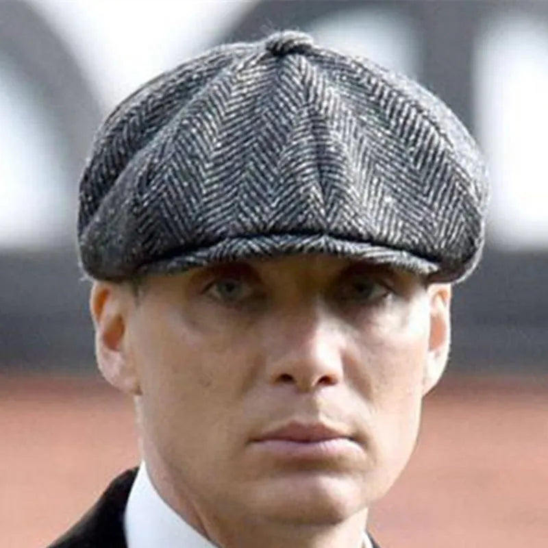 Polyester newsboy cap with herringbone plaid pattern in grey colour for men and women