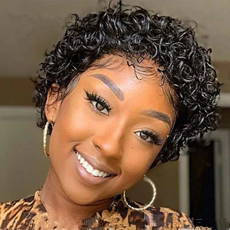 Black short curly African wig with small fluffy curls for women, Cassia Kani Karen material, machine-made style