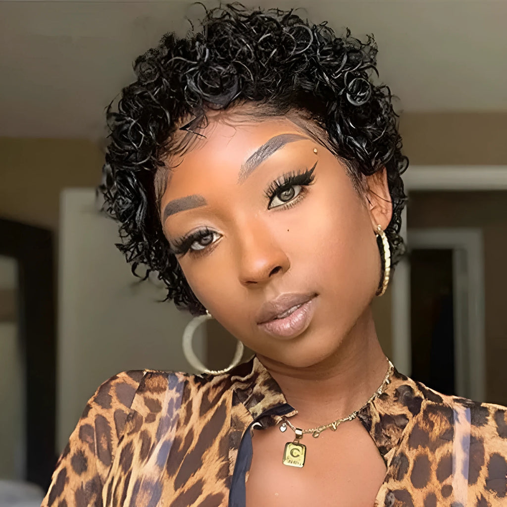 Black short curly African wig with small fluffy curls for women, Cassia Kani Karen material, machine-made style
