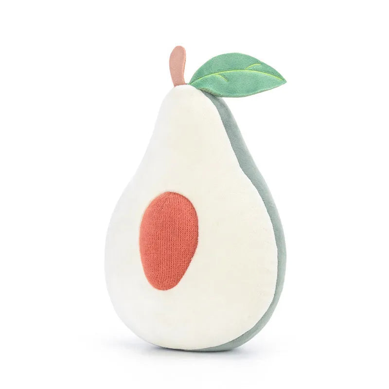 Soft plush fruit pillow toy in peach colour, with sweet expression, made of cotton
