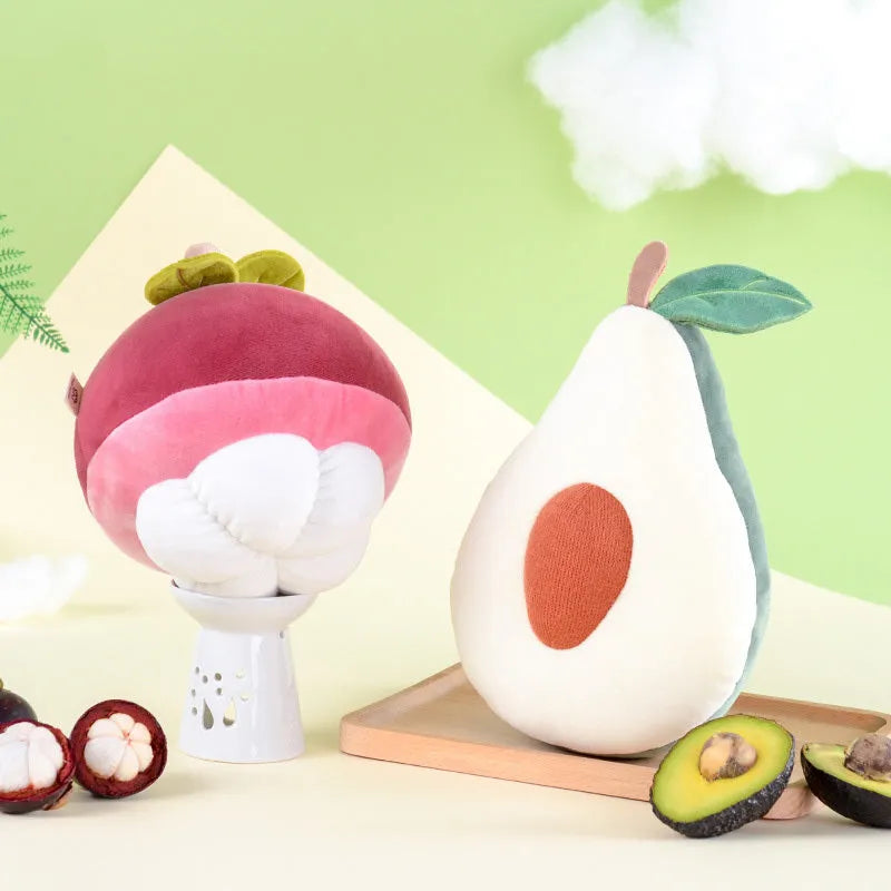 Soft plush fruit pillow toy in peach colour, with sweet expression, made of cotton