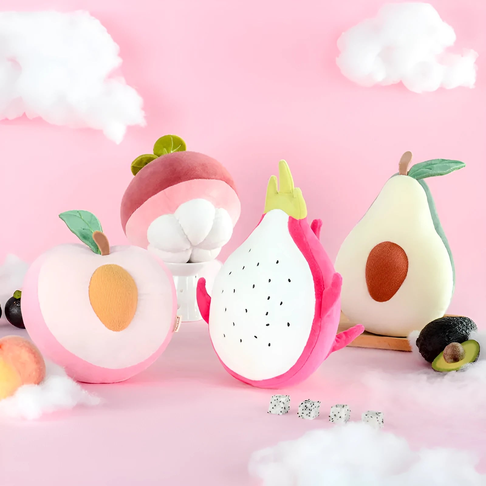 Soft plush fruit pillow toy in peach colour, with sweet expression, made of cotton