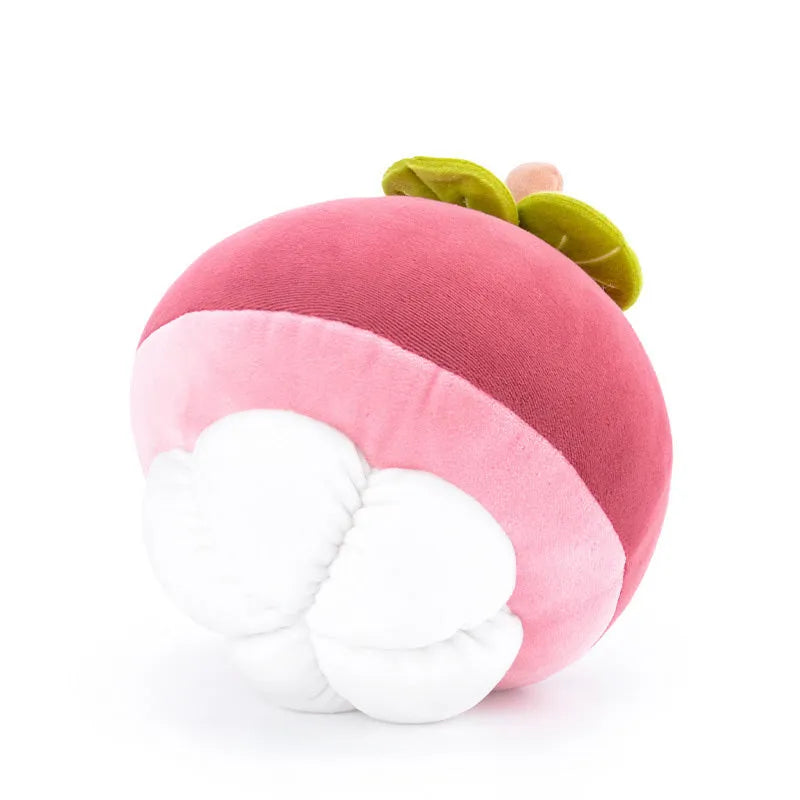 Soft plush fruit pillow toy in peach colour, with sweet expression, made of cotton