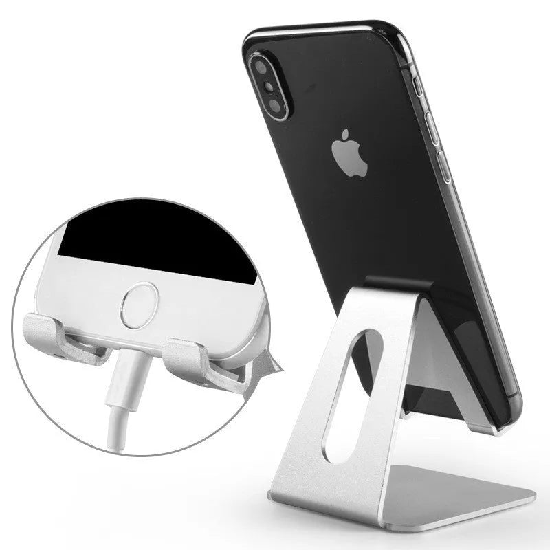 Adjustable metal desktop mobile phone holder in black with device inserted, compatible with all phone brands