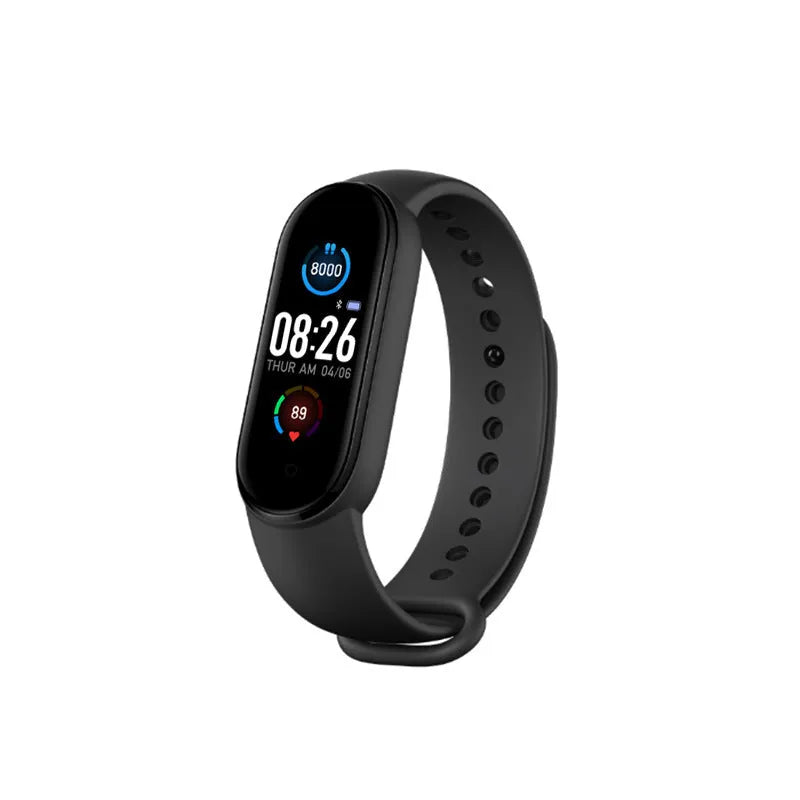 M5 smart fitness bracelet with 0.96-inch touchscreen on wrist showing heart rate display