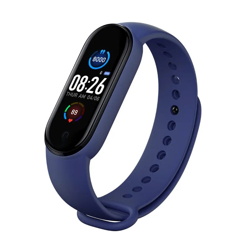 M5 smart fitness bracelet with 0.96-inch touchscreen on wrist showing heart rate display