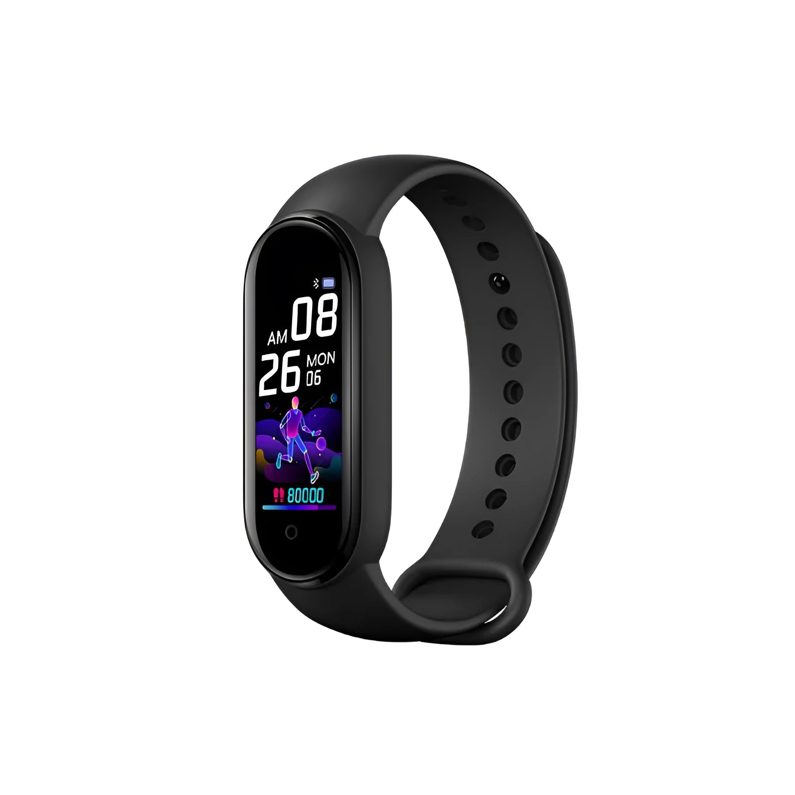 M5 smart fitness bracelet with 0.96-inch touchscreen on wrist showing heart rate display