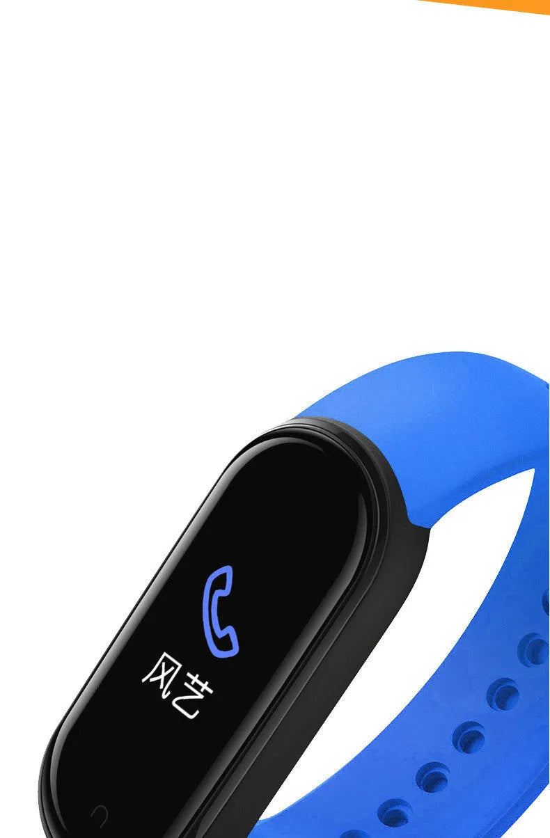 M5 smart fitness bracelet with 0.96-inch touchscreen on wrist showing heart rate display