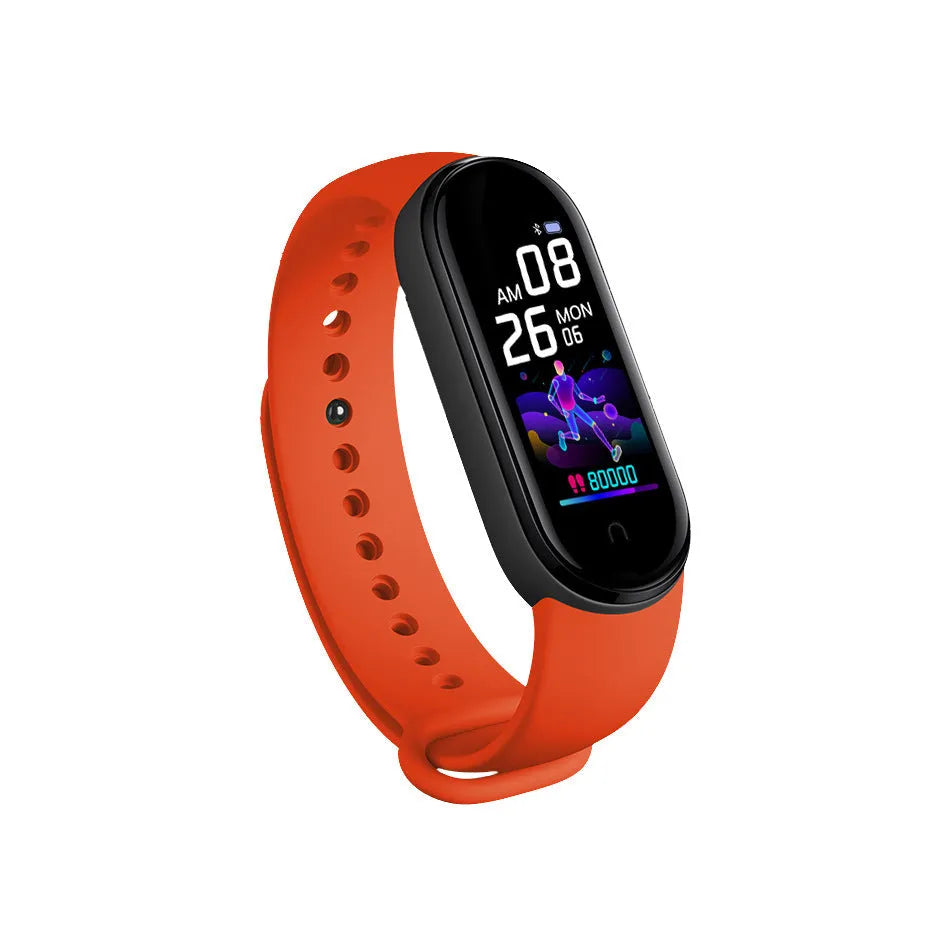 M5 smart fitness bracelet with 0.96-inch touchscreen on wrist showing heart rate display