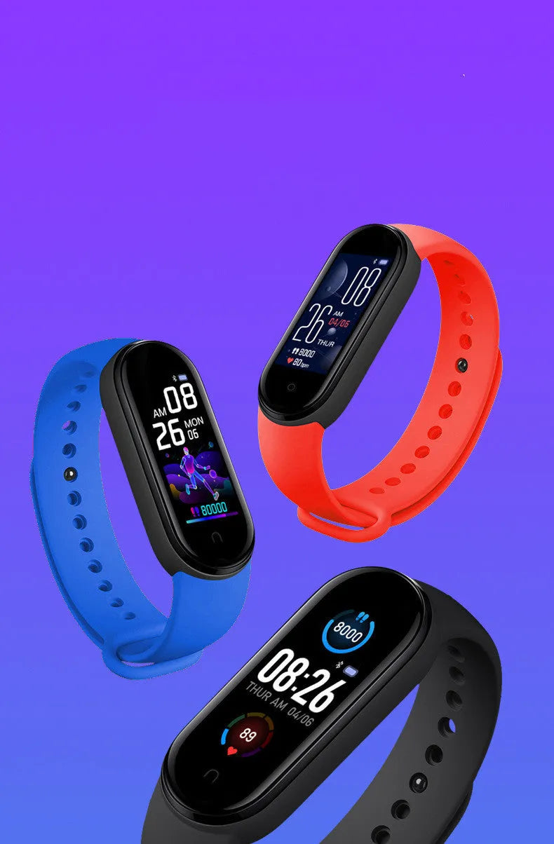 M5 smart fitness bracelet with 0.96-inch touchscreen on wrist showing heart rate display