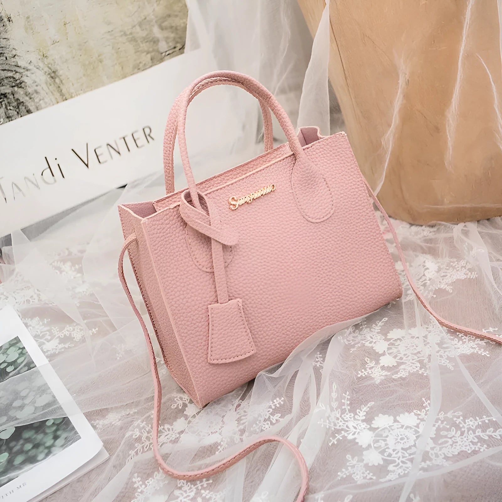 Women's messenger one-shoulder mobile phone bag in PU with zipper closure, square vertical section shape, letter print, available in multiple colours