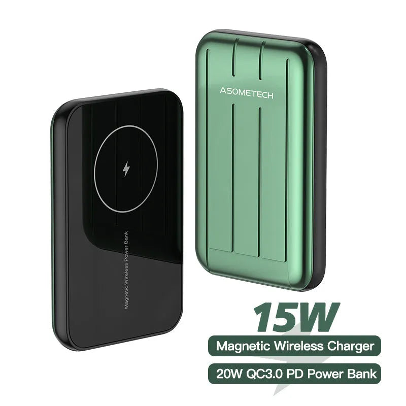 Blue magnetic wireless power bank attached to an iPhone 12, showing cable-free charging.