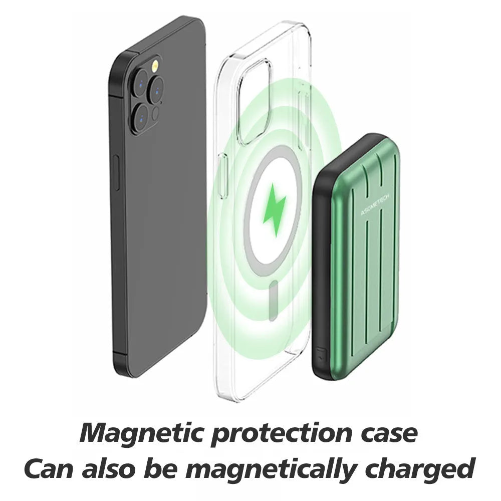 Blue magnetic wireless power bank attached to an iPhone 12, showing cable-free charging.