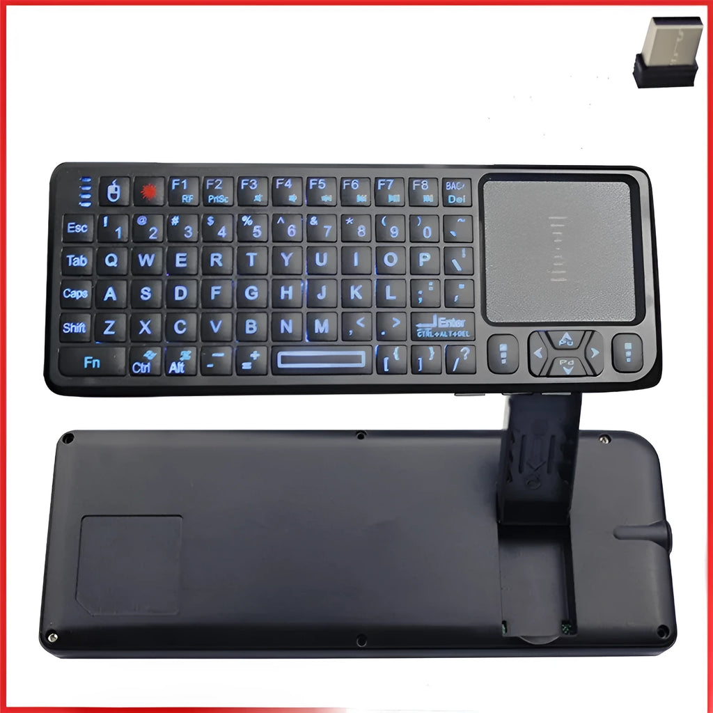 Black wireless mini keyboard with a touch screen panel, shown with USB receiver, for teaching and presentations.