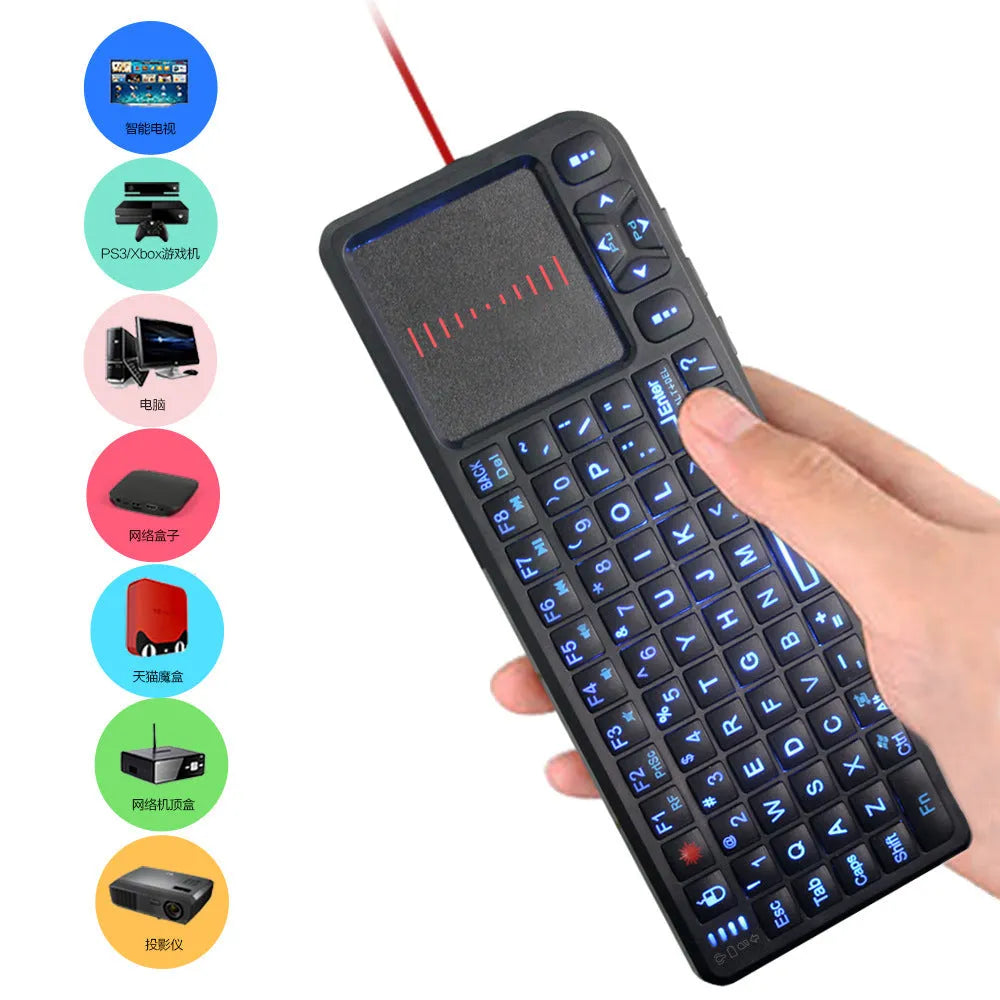 Black wireless mini keyboard with a touch screen panel, shown with USB receiver, for teaching and presentations.