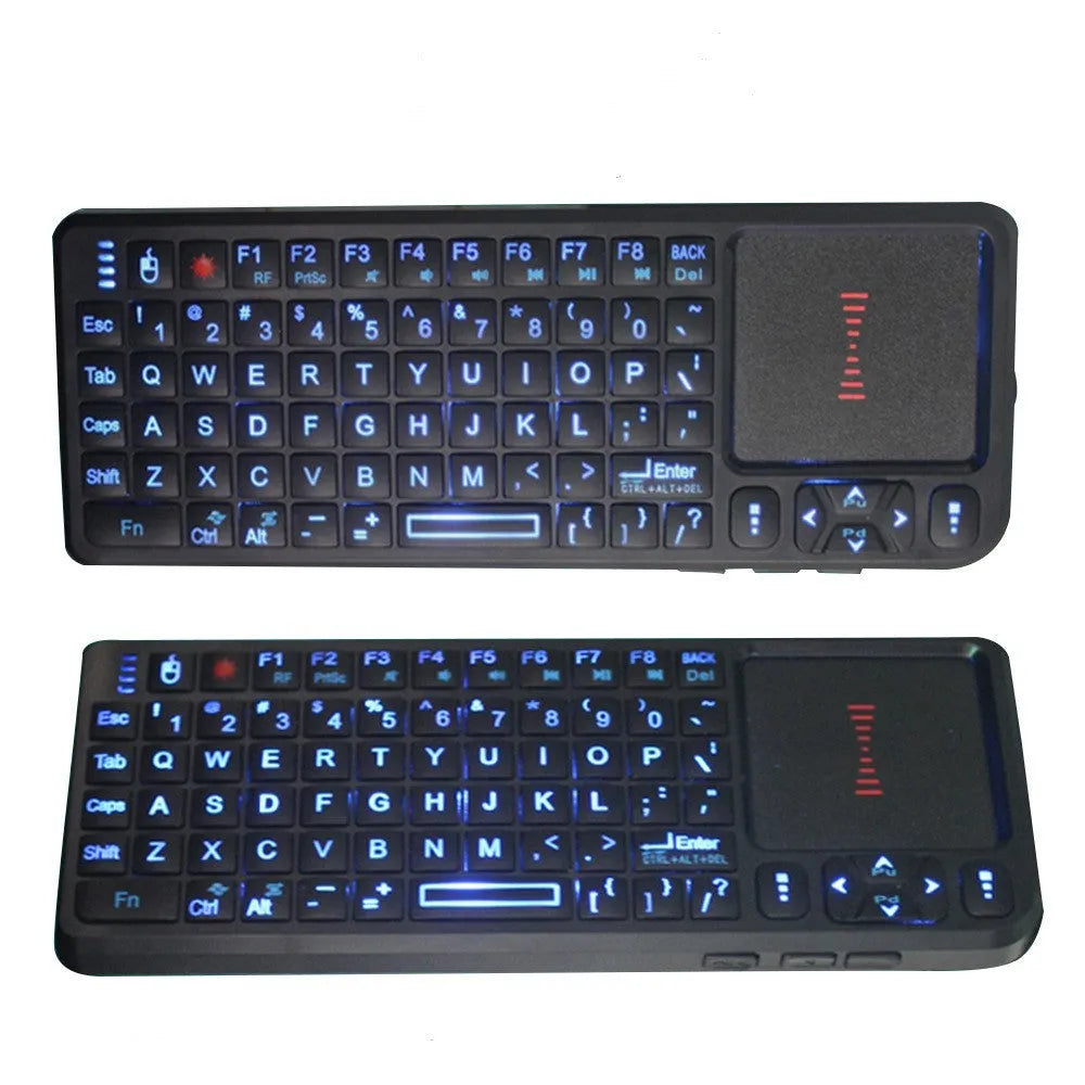 Black wireless mini keyboard with a touch screen panel, shown with USB receiver, for teaching and presentations.