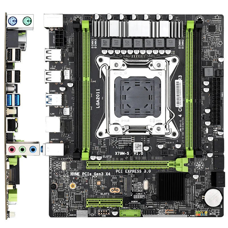 X79 MicroATX motherboard with 2011 pin socket, dual DDR3 slots, SATA3 ports, and 10 USB connectors