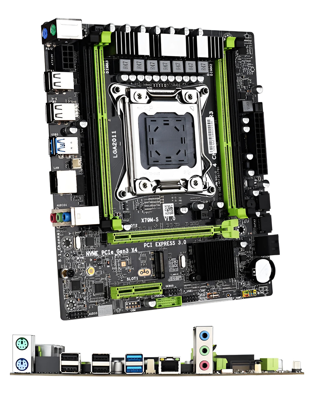 X79 MicroATX motherboard with 2011 pin socket, dual DDR3 slots, SATA3 ports, and 10 USB connectors