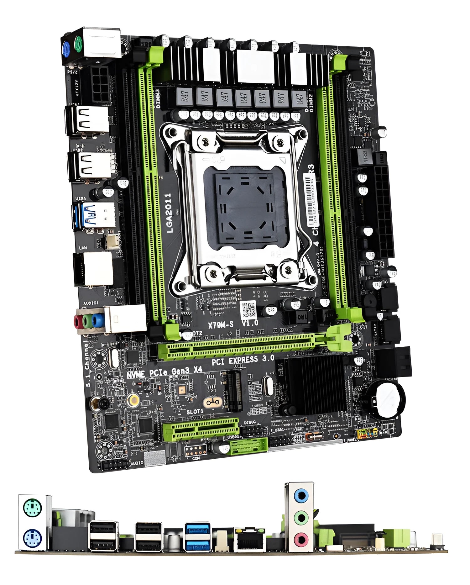 X79 MicroATX motherboard with 2011 pin socket, dual DDR3 slots, SATA3 ports, and 10 USB connectors
