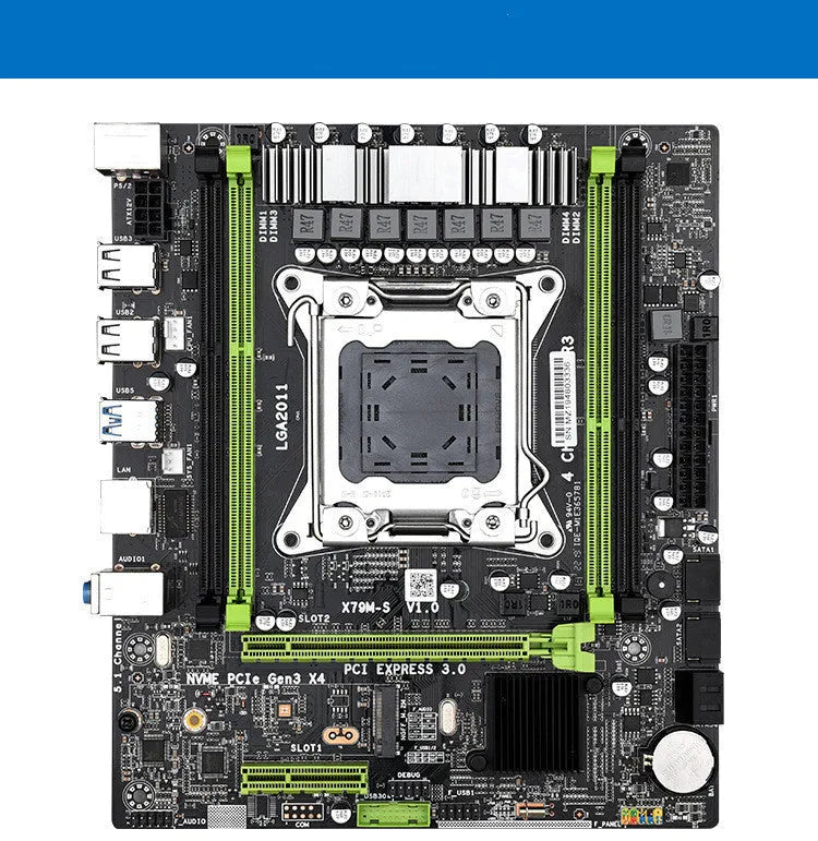 X79 MicroATX motherboard with 2011 pin socket, dual DDR3 slots, SATA3 ports, and 10 USB connectors