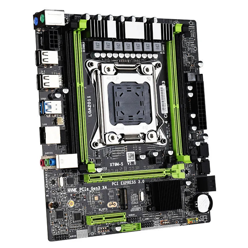 X79 MicroATX motherboard with 2011 pin socket, dual DDR3 slots, SATA3 ports, and 10 USB connectors