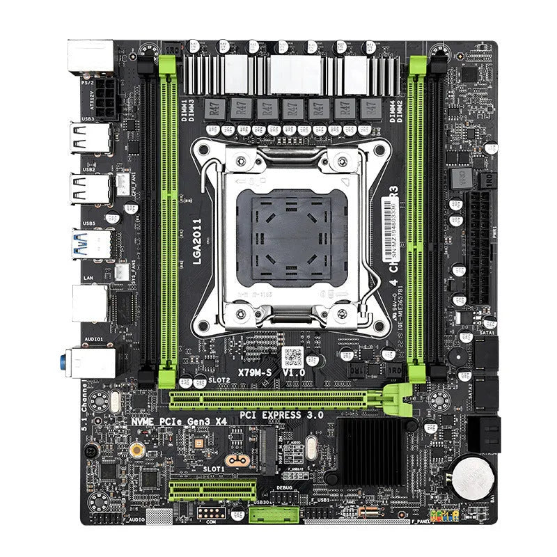 X79 MicroATX motherboard with 2011 pin socket, dual DDR3 slots, SATA3 ports, and 10 USB connectors