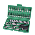 Green plastic case open to show 46-piece alloy steel car repair socket and wrench set