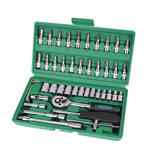 Green plastic case open to show 46-piece alloy steel car repair socket and wrench set