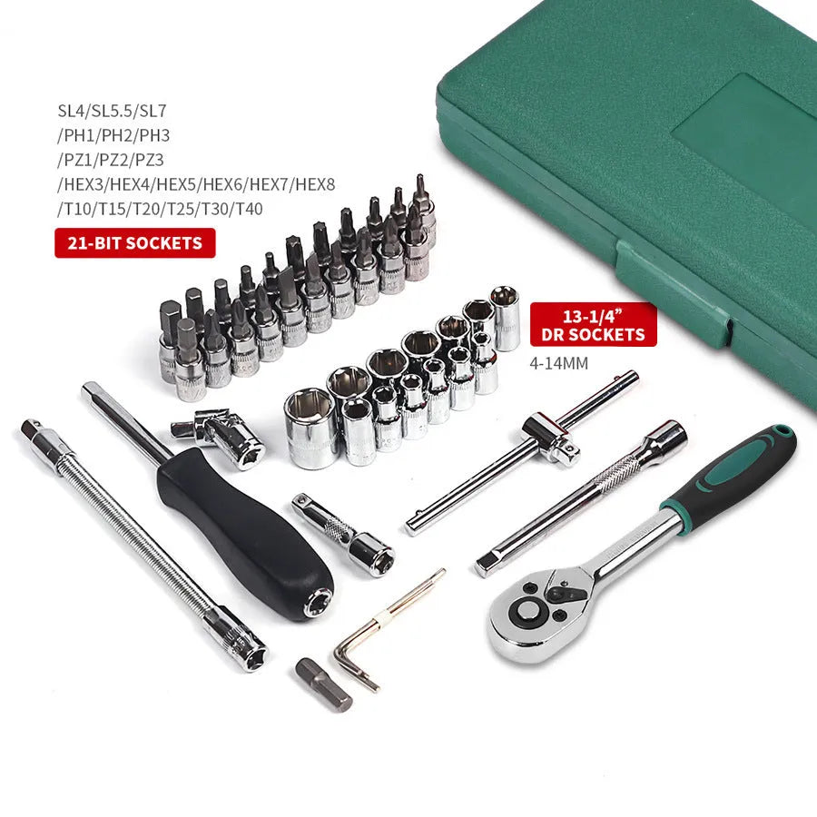 Green plastic case open to show 46-piece alloy steel car repair socket and wrench set