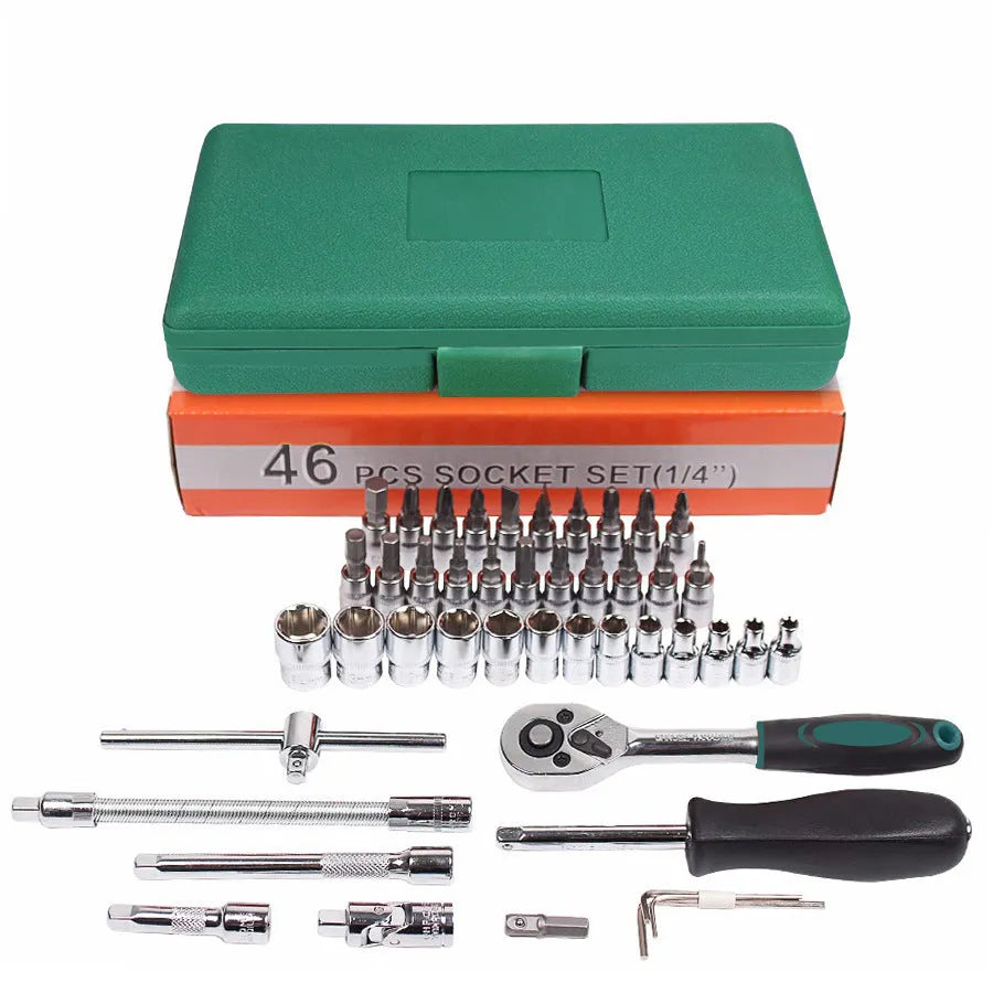 Green plastic case open to show 46-piece alloy steel car repair socket and wrench set