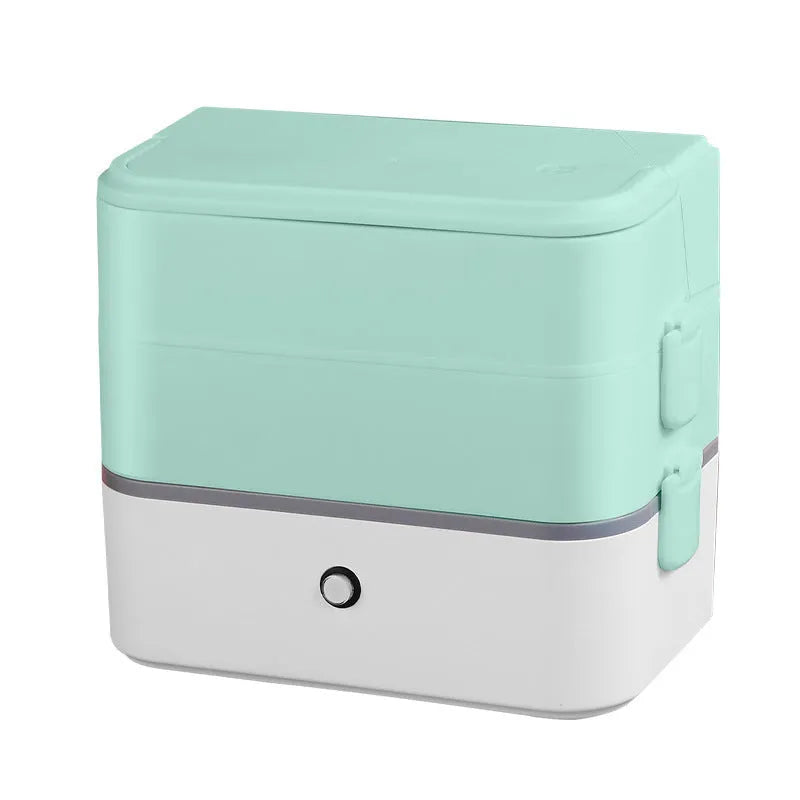 Double-layer portable heated lunch box with stainless steel liner in pink white colour