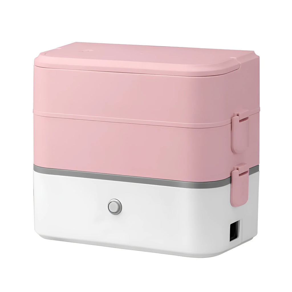 Double-layer portable heated lunch box with stainless steel liner in pink white colour