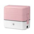Double-layer portable heated lunch box with stainless steel liner in pink white colour