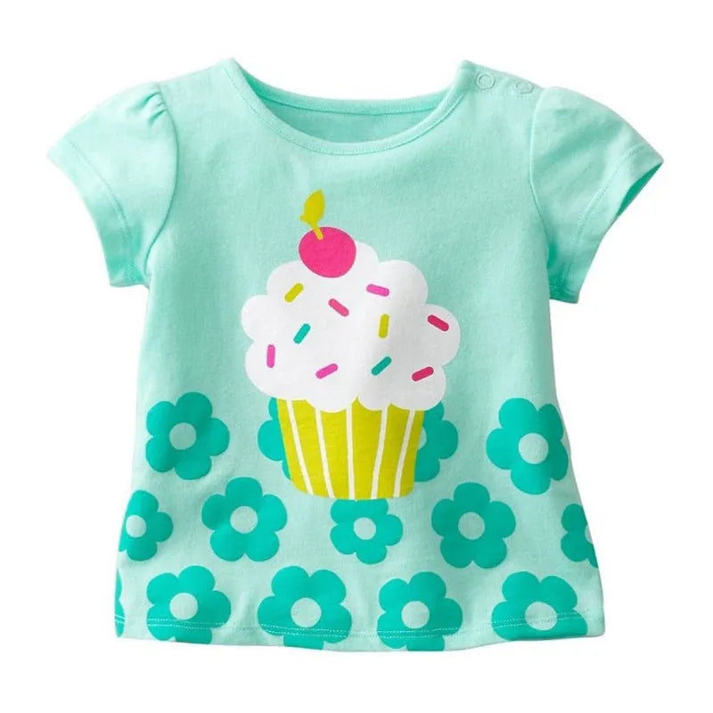 Girls cotton short-sleeved round neck T-shirt with cartoon pattern in 100% cotton, sizes 90-140 cm