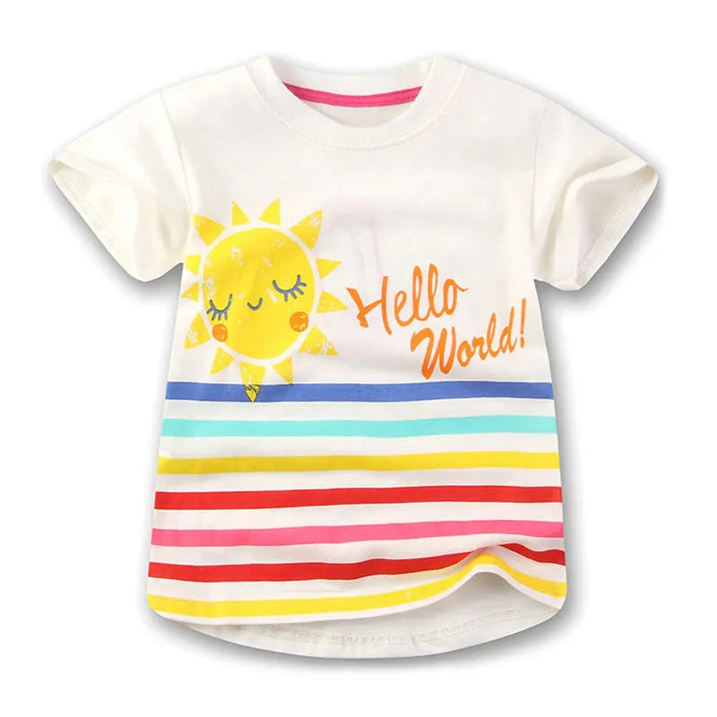Girls cotton short-sleeved round neck T-shirt with cartoon pattern in 100% cotton, sizes 90-140 cm