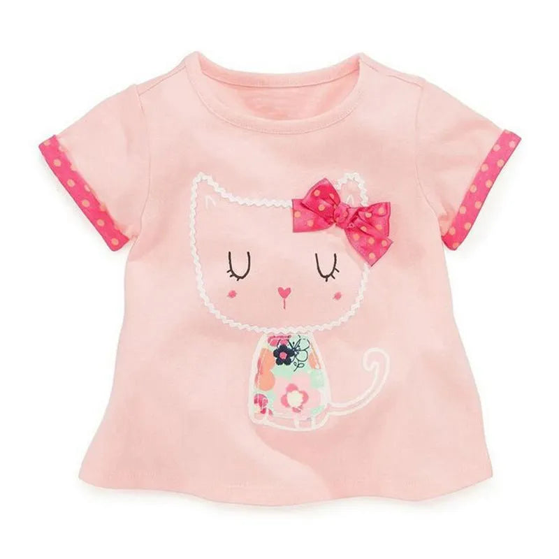Girls cotton short-sleeved round neck T-shirt with cartoon pattern in 100% cotton, sizes 90-140 cm