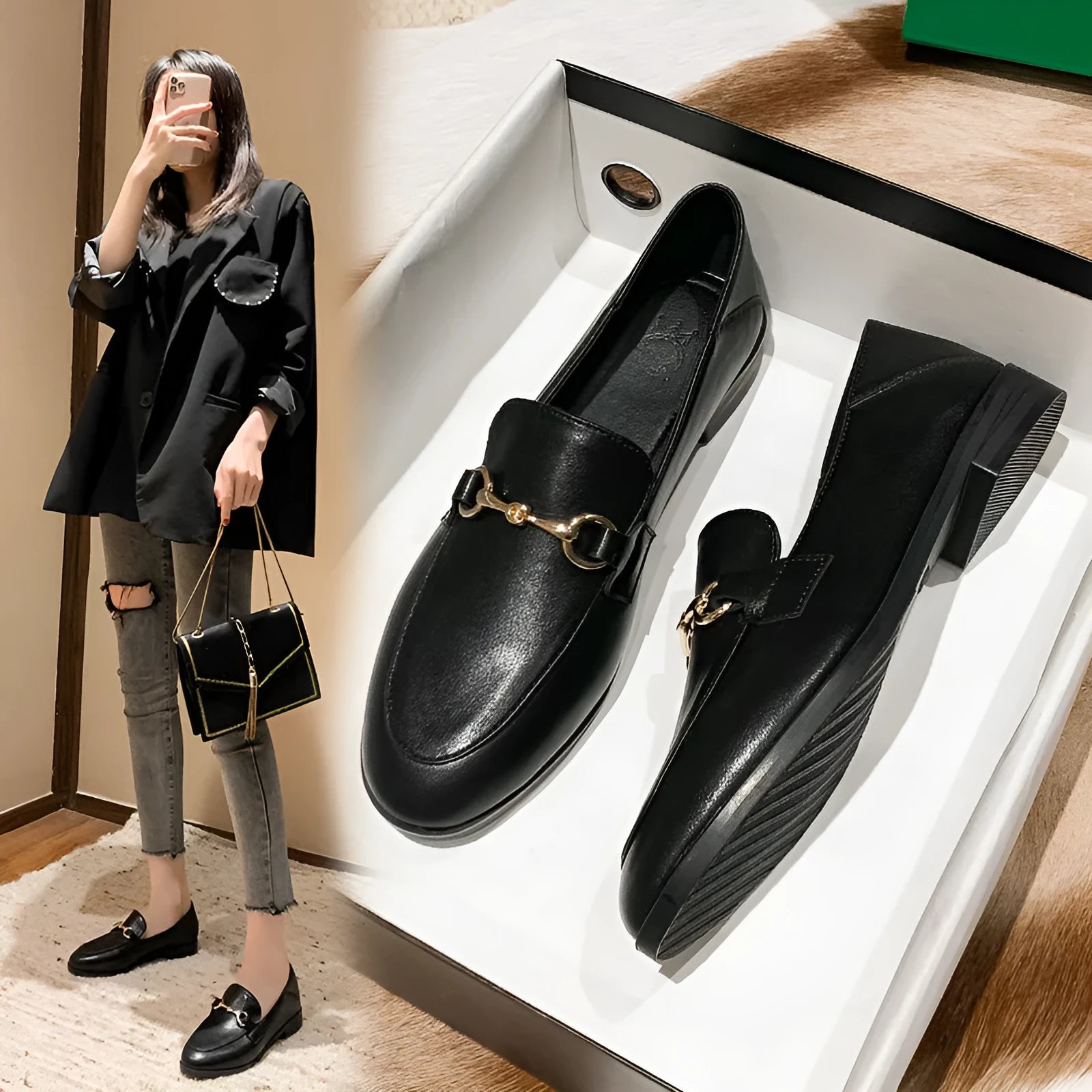 Women's black leather flat shoes with round toe, low heel 1-3cm, and rubber sole on white background