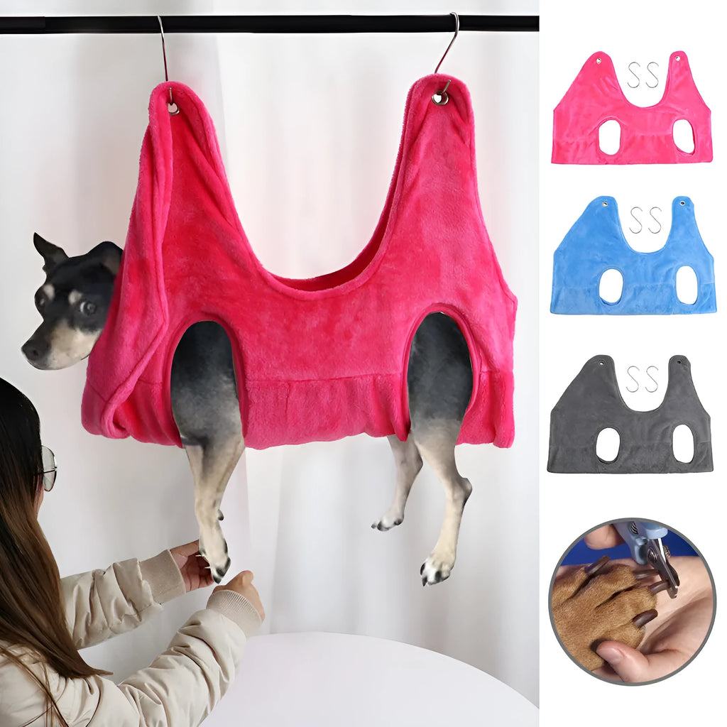 Blue pet grooming hammock restraint bag made from double-sided Falai velvet, with two S-shaped hooks, size M