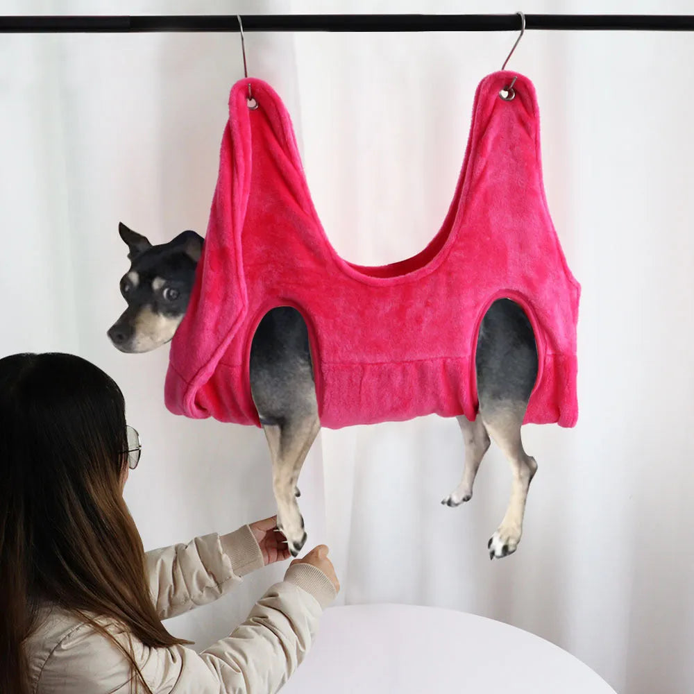 Blue pet grooming hammock restraint bag made from double-sided Falai velvet, with two S-shaped hooks, size M