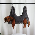 Blue pet grooming hammock restraint bag made from double-sided Falai velvet, with two S-shaped hooks, size M