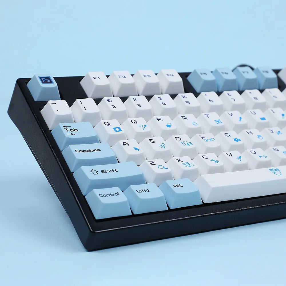 PlayStation theme DIY keycap set showing blue and white design with supplementary CMYK and RGBK colour keycaps