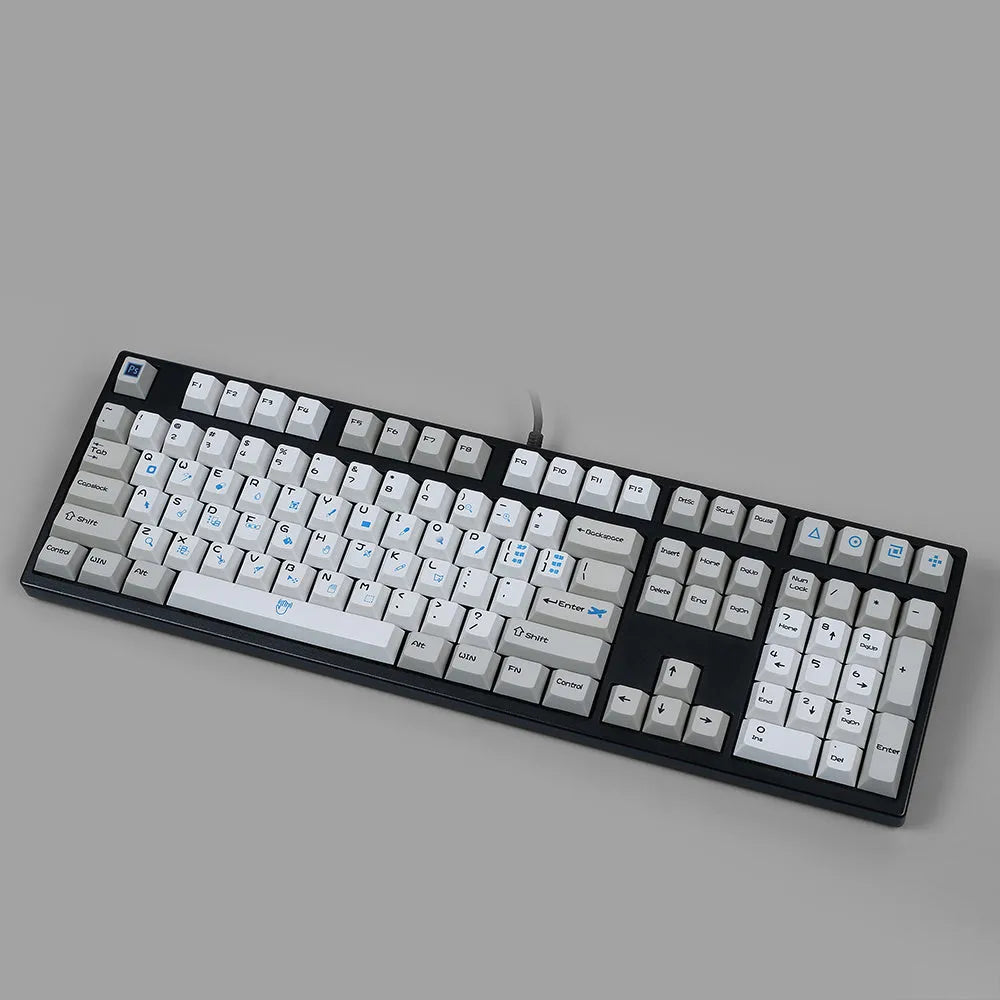 PlayStation theme DIY keycap set showing blue and white design with supplementary CMYK and RGBK colour keycaps