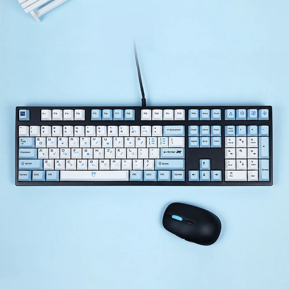 PlayStation theme DIY keycap set showing blue and white design with supplementary CMYK and RGBK colour keycaps