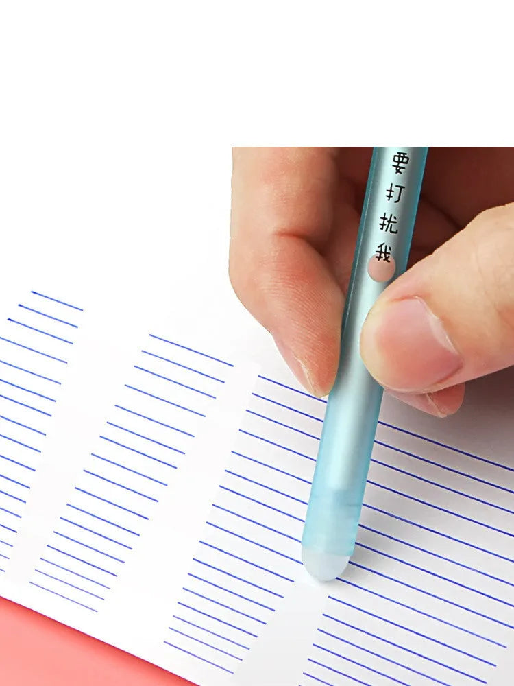 12-pack cartoon erasable gel pens with 0.5mm tip, plastic barrel, cap closure, crystal blue ink
